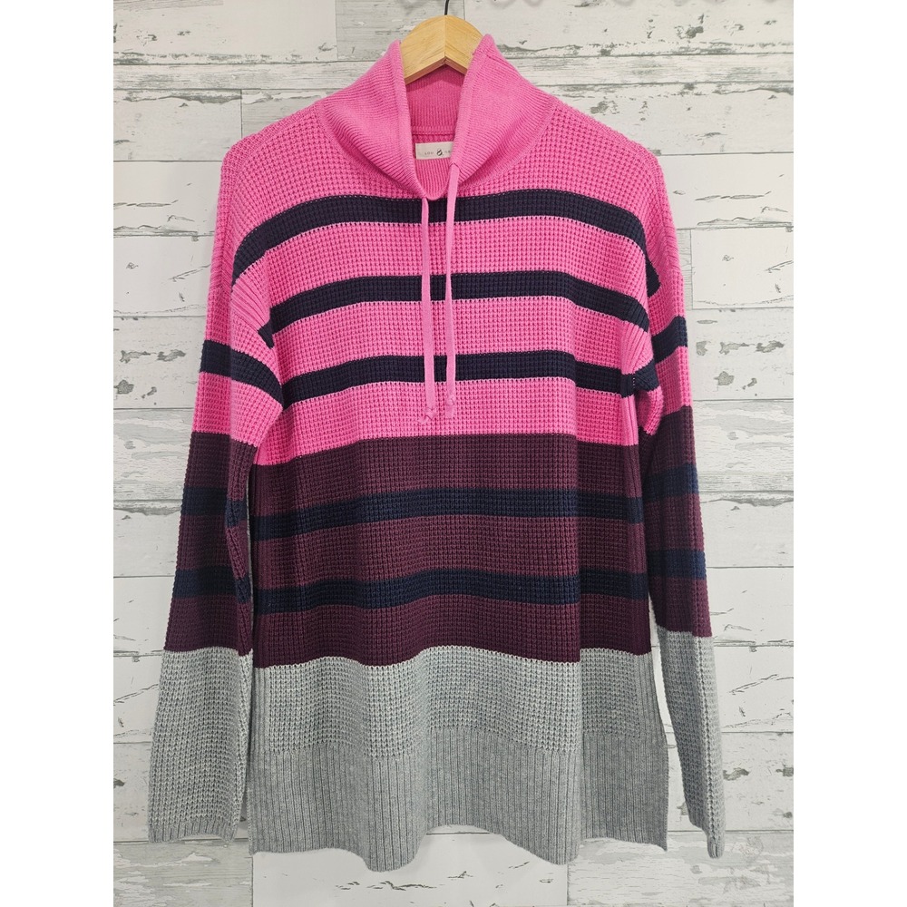 Lou & Grey Womens Pink Striped Waffle Knit Funnel Neck Sweater Size M NWT